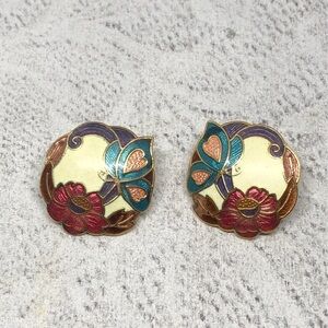 Vintage cloisonne enamel butterly and flowers earrings colorful statement